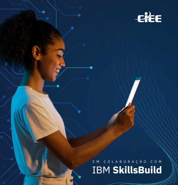 arte com um fundo tecnológico na cor azul. Em destaque uma jovem estudante negra segurando um tablet e sorrindo com o logo da IBM SkillsBuild