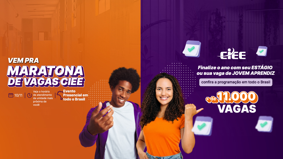 Imagem metade laranja e metade roxa com dois jovens; há informações contidas no texto sobre a maratona de vagas, como o dia 10/11