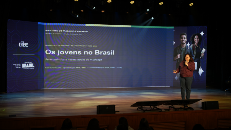 Fotografia de uma mulher palestrando em um palco de madeira bem iluminado. Ela está em pé à direita, segura um microfone com uma mão e um passador de slides com a outra. Ela tem cabelos castanhos ondulados e veste uma camisa de manga longa bordô e calça jeans escuta. Ao fundo, ocupando quase todo o palco, há um grande telão digital. No centro do telão, com fundo azul escuro, lê-se em destaque: "Os jovens no Brasil" e logo abaixo "Permanências e necessidades de mudança". O painel também traz textos menores indicando "Ministério do Trabalho e Emprego", "Diagnóstico em números - PNAD Contínua 1º Trim. 2026", e que os dados se referem a "adolescentes (14-17) e jovens (18-24)". Na lateral esquerda do telão, estão os logotipos do CIEE e do Ministério do Trabalho e Emprego (Governo do Brasil). Na lateral direita, há uma foto ilustrativa de um rapaz e uma moça sorridentes, com mochilas e material escolar. Em primeiro plano, na parte inferior da imagem, é possível ver as silhuetas escuras das cabeças do público que assiste à apresentação.