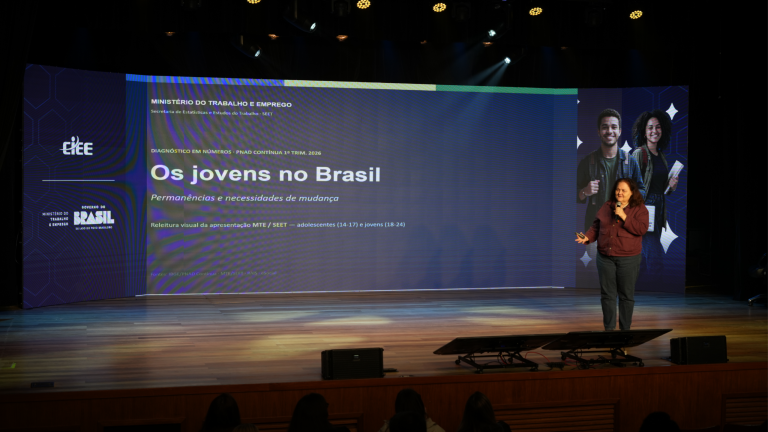 Fotografia de uma mulher palestrando em um palco de madeira bem iluminado. Ela está em pé à direita, segura um microfone com uma mão e um passador de slides com a outra. Ela tem cabelos castanhos ondulados e veste uma camisa de manga longa bordô e calça jeans escuta. Ao fundo, ocupando quase todo o palco, há um grande telão digital. No centro do telão, com fundo azul escuro, lê-se em destaque: "Os jovens no Brasil" e logo abaixo "Permanências e necessidades de mudança". O painel também traz textos menores indicando "Ministério do Trabalho e Emprego", "Diagnóstico em números - PNAD Contínua 1º Trim. 2026", e que os dados se referem a "adolescentes (14-17) e jovens (18-24)". Na lateral esquerda do telão, estão os logotipos do CIEE e do Ministério do Trabalho e Emprego (Governo do Brasil). Na lateral direita, há uma foto ilustrativa de um rapaz e uma moça sorridentes, com mochilas e material escolar. Em primeiro plano, na parte inferior da imagem, é possível ver as silhuetas escuras das cabeças do público que assiste à apresentação.