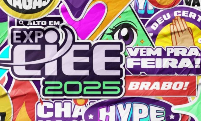 Arte vibrante da Expo CIEE 2025 com cores vivas, emojis e frases como 'Vem pra feira!' e 'Brabo!', em estilo adesivo divertido.